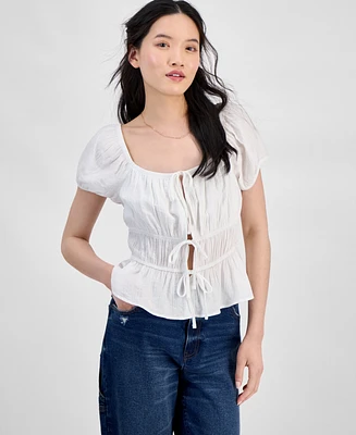 Hippie Rose Juniors' Shirred Tie-Front Peasant Top