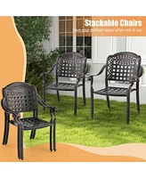 4pcs Patio Cast Aluminum Armrest Chairs Dining Stackable Outdoor Brown