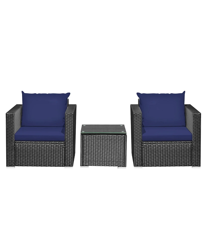 Gymax 3 Piece Rattan Outdoor Patio Conversation Furniture Set w/ Cushions