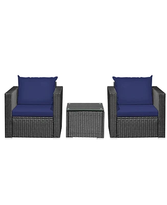 Gymax 3 Piece Rattan Outdoor Patio Conversation Furniture Set w/ Cushions