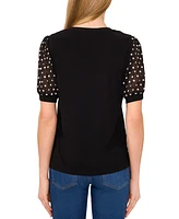 CeCe Women's Puff-Sleeve Mixed-Media Crewneck Top