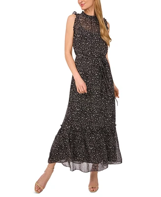 CeCe Women's Printed Ruffled Tie-Waist Maxi Dress