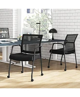 2 Pieces Office Guest Chairs on Wheels with Metal Frame and Armrests