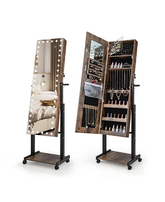 3-Color 46 Led Lights Mirror Jewelry Cabinet Armoire Adjustable Height with Wheels