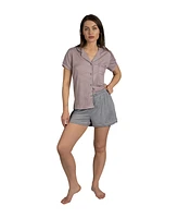 Tahari Women's 3-Piece Ribbed Pajama Set Short Sleeve Notch Collar Top, Shorts, and Capri Pants Pj Set