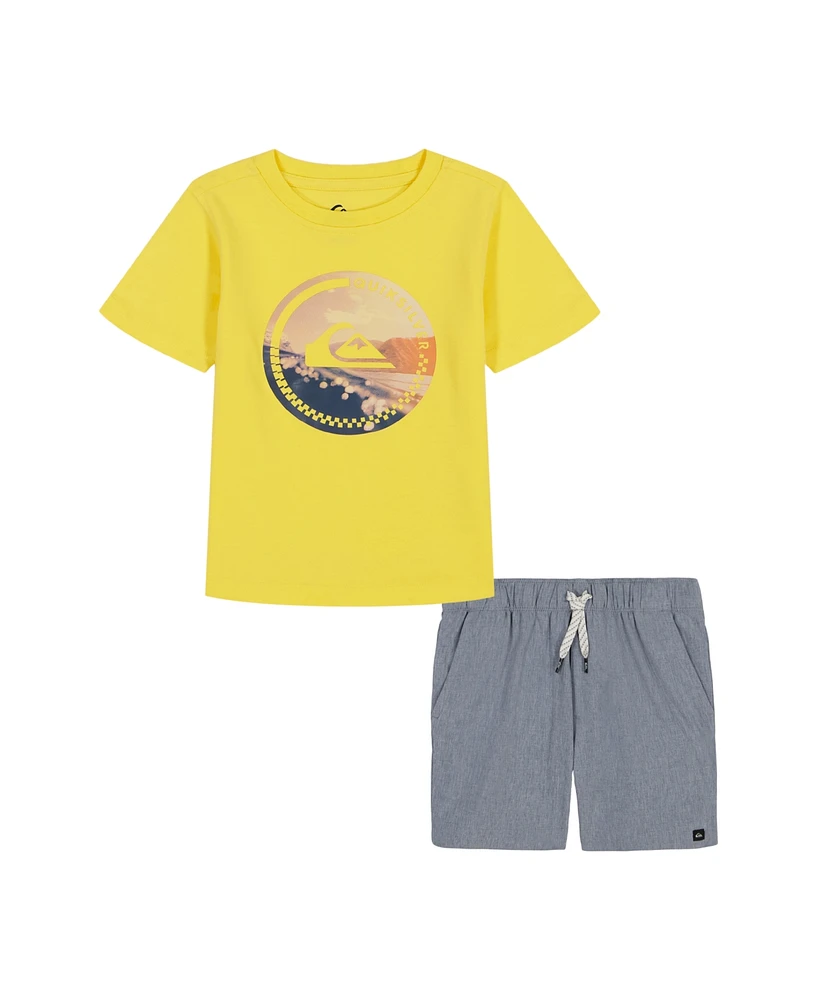 Quiksilver Toddler and Little Boys 2-Piece Circle Logo Short Sleeve Graphic T-Shirt Stretch Tech Shorts Set