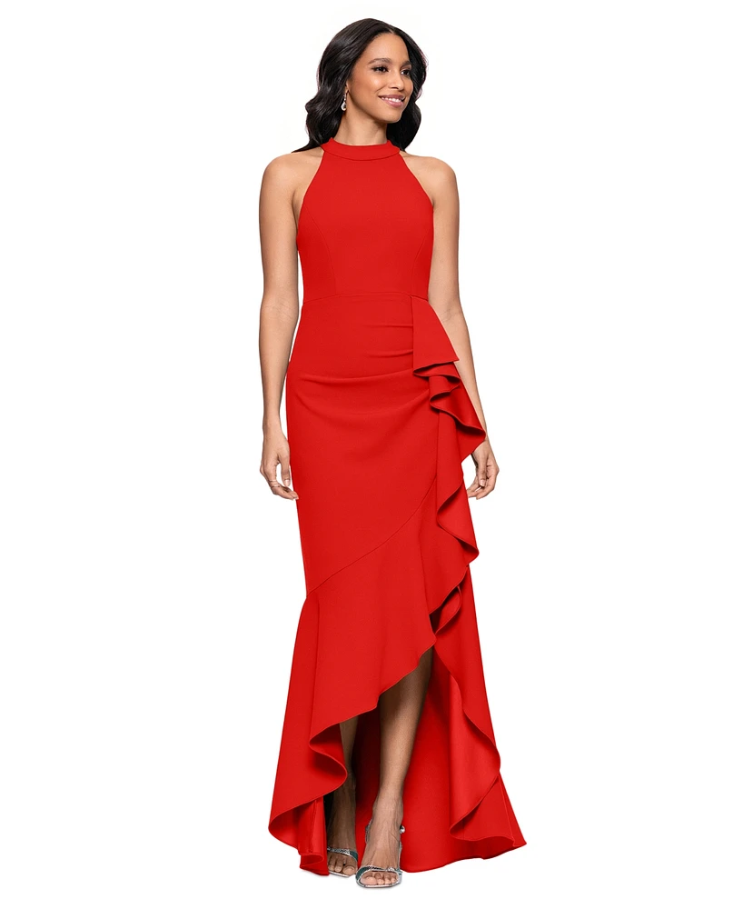 Betsy & Adam Petite Ruffled High-Low Sleeveless Gown