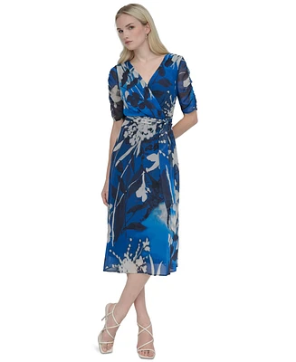 Dkny Women's V-Neck Ruched-Sleeve Belted Midi Dress