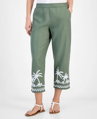 Charter Club Women's Embroidered 100% Linen Cropped Pants, Exclusively at Macy's