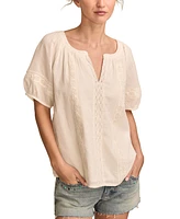 Lucky Brand Women's Cotton Lace Inset Short-Sleeve Peasant Blouse