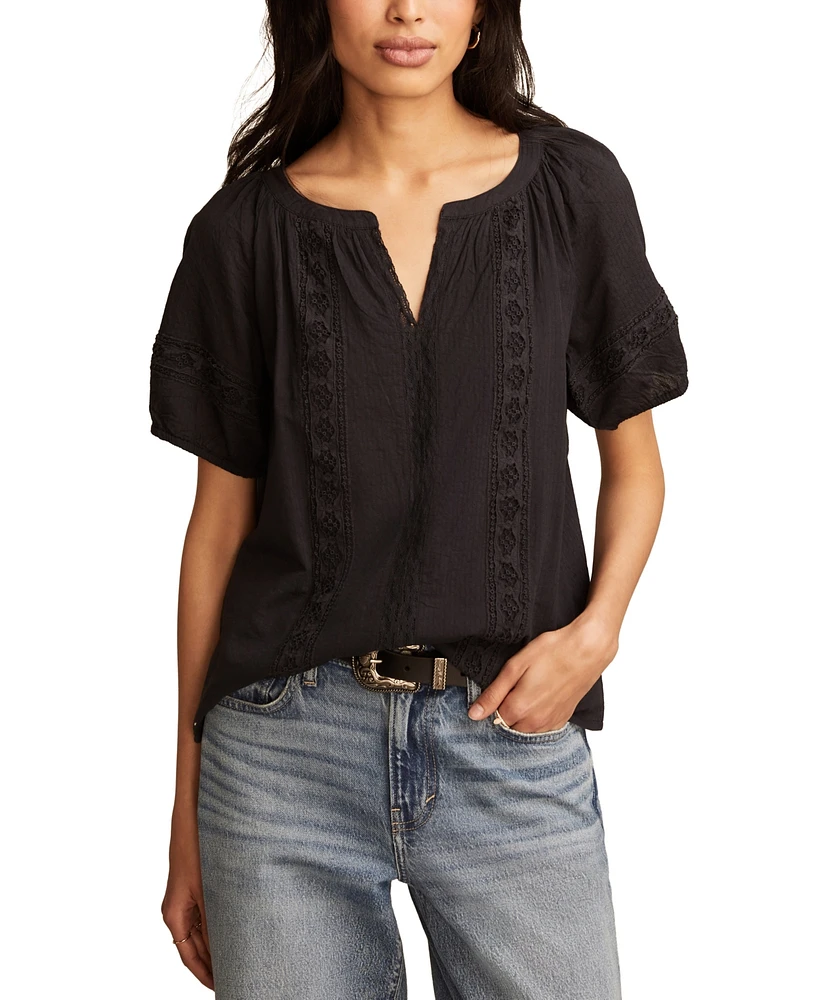Lucky Brand Women's Cotton Lace Inset Short-Sleeve Peasant Blouse
