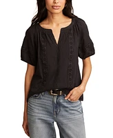 Lucky Brand Women's Cotton Lace Inset Short-Sleeve Peasant Blouse