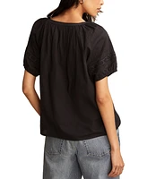 Lucky Brand Women's Cotton Lace Inset Short-Sleeve Peasant Blouse