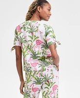Charter Club Women's 100% Linen Tied-Sleeve Palm Shirt, Exclusively at Macy's
