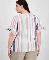 Charter Club Plus Linen Striped Tie-Sleeve Blouse, Exclusively at Macy's