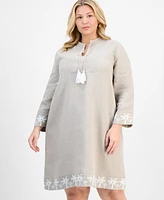 Charter Club Plus Tassel-Tie Linen Long-Sleeve Dress, Exclusively at Macy's
