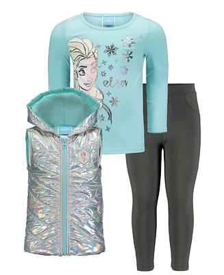 Frozen Girls Zip Up Vest T-Shirt and Leggings 3 Piece Outfit Set