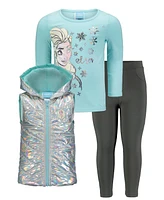 Frozen Girls Zip Up Vest T-Shirt and Leggings 3 Piece Outfit Set