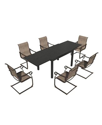 7-Piece Outdoor Dining Set with Aluminum Extendable Table 53"- 106" and C-Spring Chairs