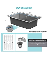 33-Inch Stainless Steel Sink On The Counter Installation Single Grooves With 2 Faucet Holes With Drain Grid And Drainer Thick 18Ga