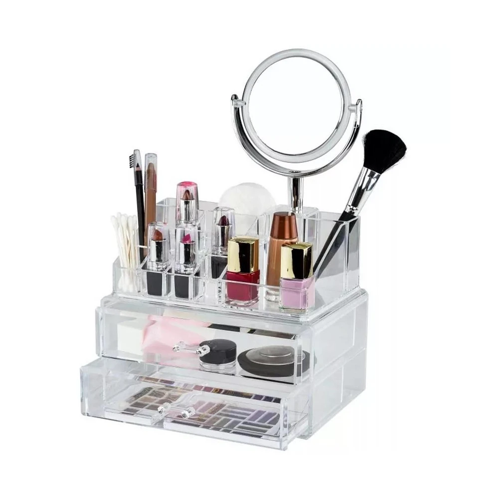 Clear Makeup Organizer with Vanity Mirror, 15 Easily Sort Compartments & 2 Drawers, Acrylic Compact Makeup Organizer for Cosmetics & Jewelry