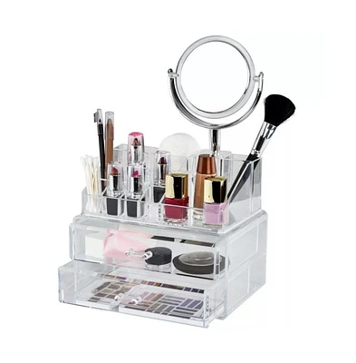 Clear Makeup Organizer with Vanity Mirror, 15 Easily Sort Compartments & 2 Drawers, Acrylic Compact Makeup Organizer for Cosmetics & Jewelry