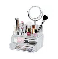 Clear Makeup Organizer with Vanity Mirror, 15 Easily Sort Compartments & 2 Drawers, Acrylic Compact Makeup Organizer for Cosmetics & Jewelry