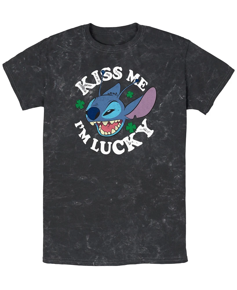 Lilo Stitch Men's Disney Lucky Face Short Sleeve Mineral Wash T-Shirt