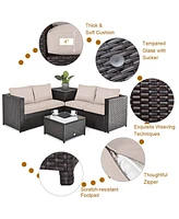 Gymax 5PCS Patio Rattan Furniture Set Fire Pit Table w/ Cover Storage Cushion