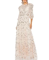 Mac Duggal Women's Floral Applique Puff Sleeve High Neck A-Line Gown
