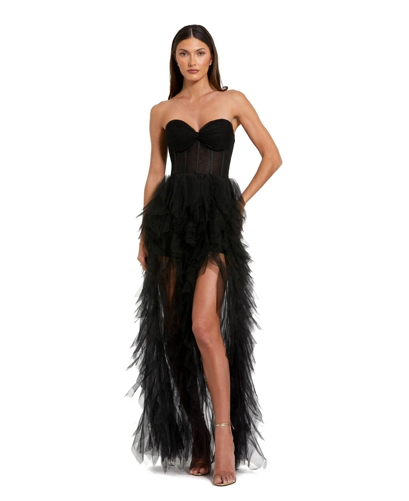 Mac Duggal Women's Strapless Bustier Net Gown With Spiral Ruffles