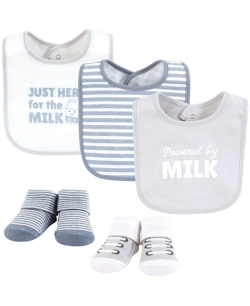 Hudson Baby Cotton Bib and Sock Set, Powered By Milk, One Size