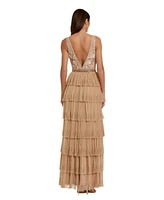 Mac Duggal Women's Beaded Mesh V Neck Gown With Tiered Ruffles
