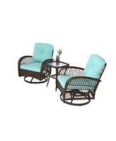 3-Piece Swivel Rocker Patio Set, Blue chairs, cushions, glass table