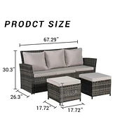 3-Piece Wicker Patio Set, Sofa, Ottomans, All-Weather Rattan