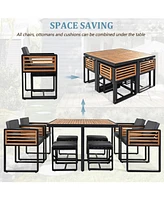 18-pc Acacia Patio Dining Set, 8 Chairs, 8 Ottomans, 2 Tables, Cushioned, Gray