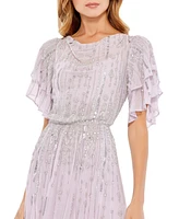 Mac Duggal Women's High Neck Sequined Flutter Sleeve Midi Dress