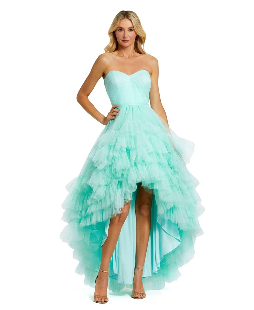 Mac Duggal Women's Strapless Ruched Sweetheart Ruffle High Low Gown