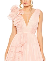 Mac Duggal Women's Ruffle Shoulder V-Neck Chiffon Gown