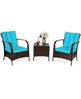 3 Pcs Patio Wicker Rattan Furniture Set Coffee Table & 2 Rattan Chair