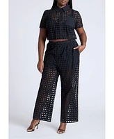 Eloquii Plus Eyelet Short Sleeve Button Up Top