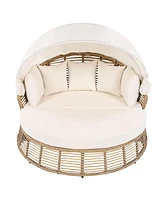Rattan Round Daybed, Retractable Canopy, Cushions, Patio/Poolside, Beige