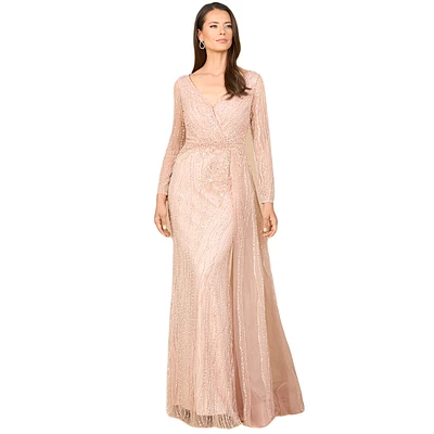Lara Women's Long Sleeve V-Neck Gown with Drape