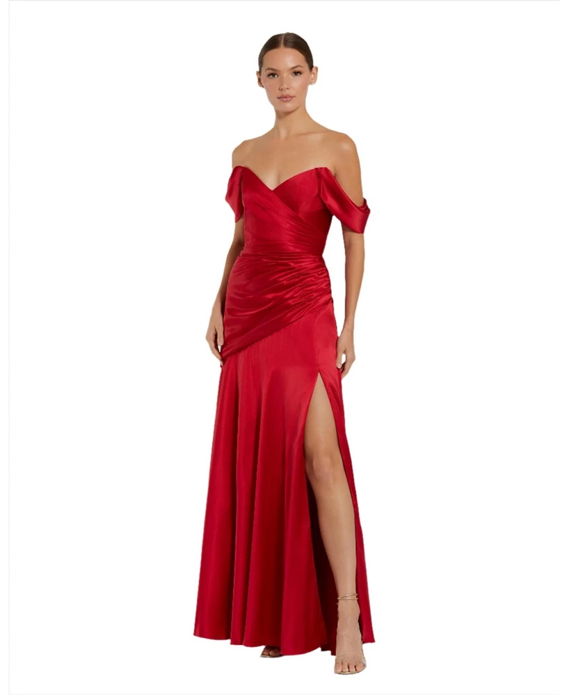 Mac Duggal Women's Hard Satin Off The Shoulder Crossover Gown