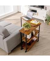 360° Rotating Sofa Side Table with Storage Shelves and Wheels