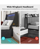 Full Size Bed Frame with Led Lights Wingback Headboard and Charging Station