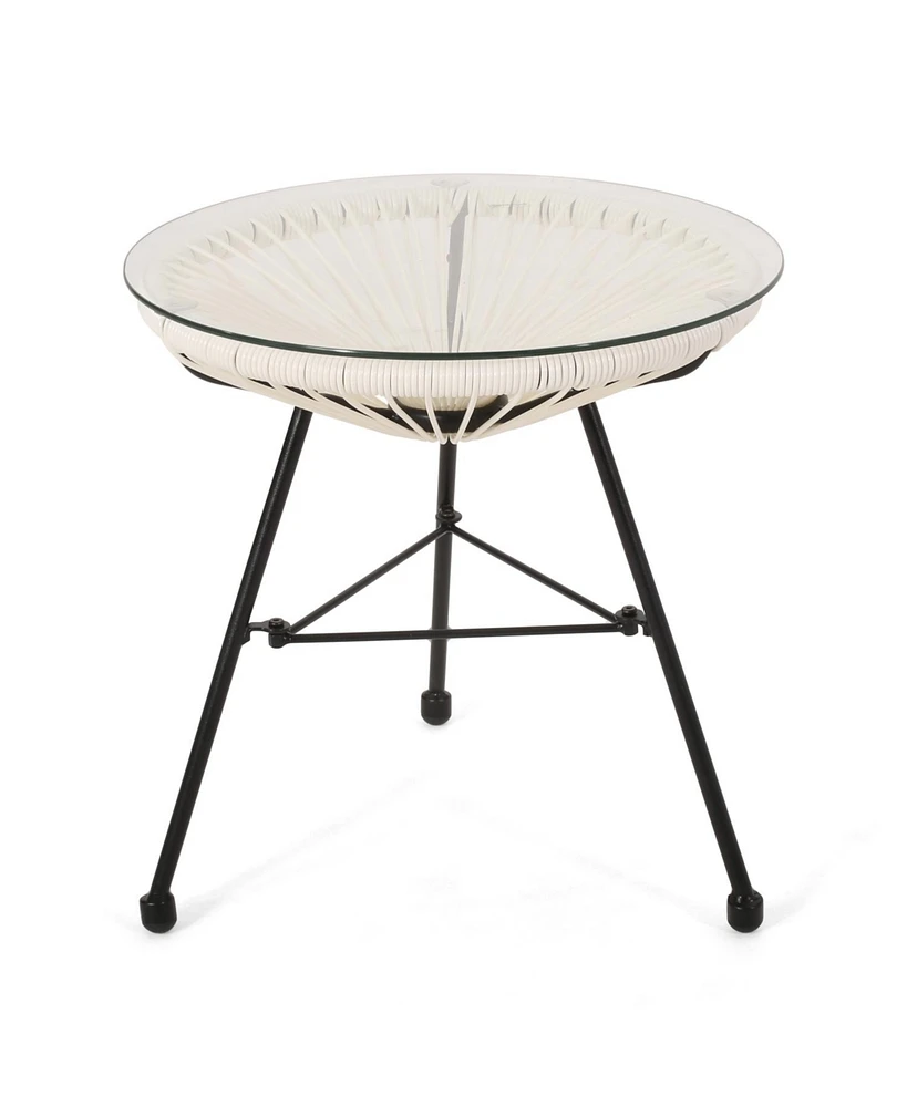 Modern Rattan Side Table with Tempered Glass Top for Outdoor and Indoor Use