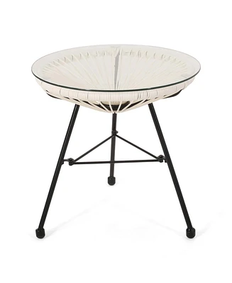 Modern Rattan Side Table with Tempered Glass Top for Outdoor and Indoor Use