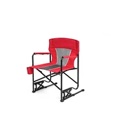 Red portable folding rocker camping chair with drink holder
