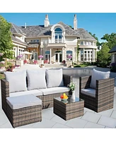 4-Pc Outdoor Rattan Sofa Set, Cushioned couch & coffee table (Gray)